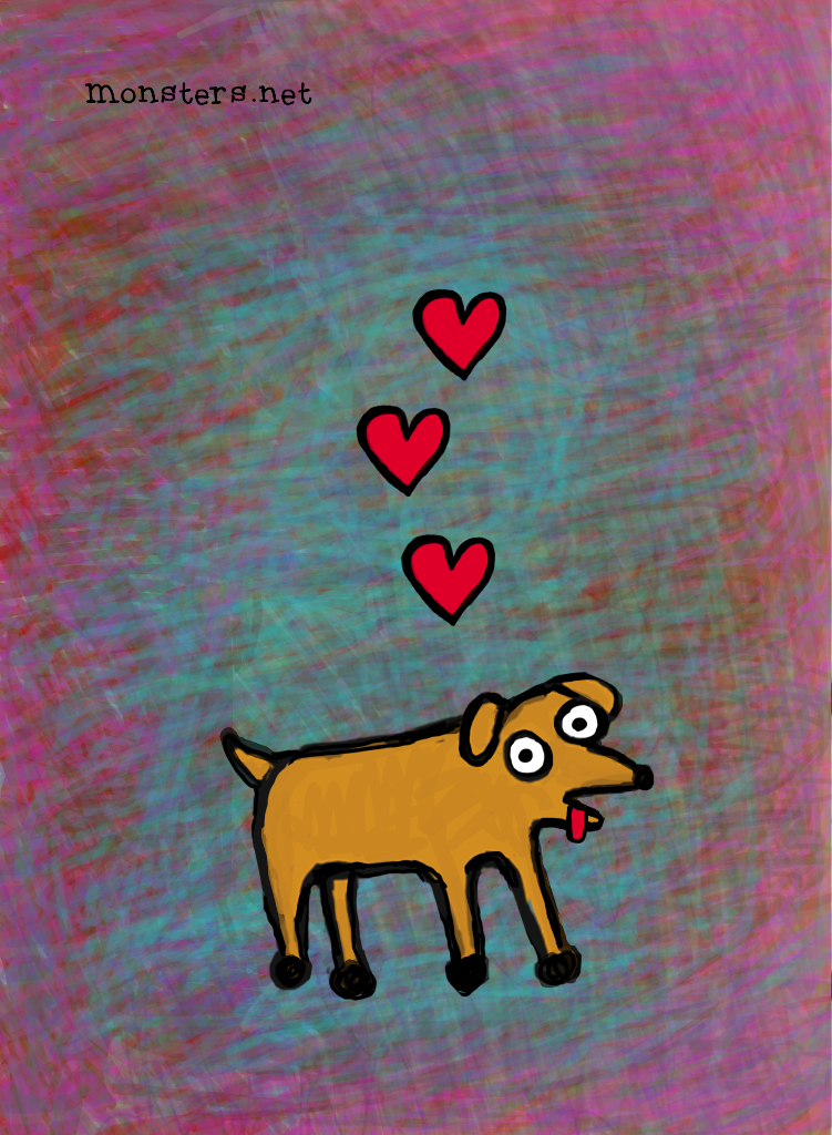 Bright colorful drawings photograph. Isn't he cute? Yap yap yap! He is yapping hearts at you.