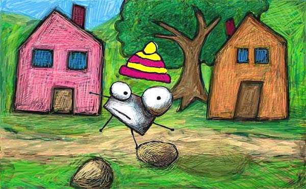 Bright colorful drawings photograph. Oops! Fillipe's hat fell off when he tripped over the rocks. He's not having a fun day today at all!