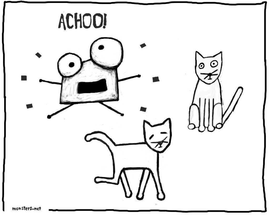Coloring book drawings photograph. Cats make the monster sneeze. <a href='/monsters/fillipe'>Fillipe</a> is allergic.