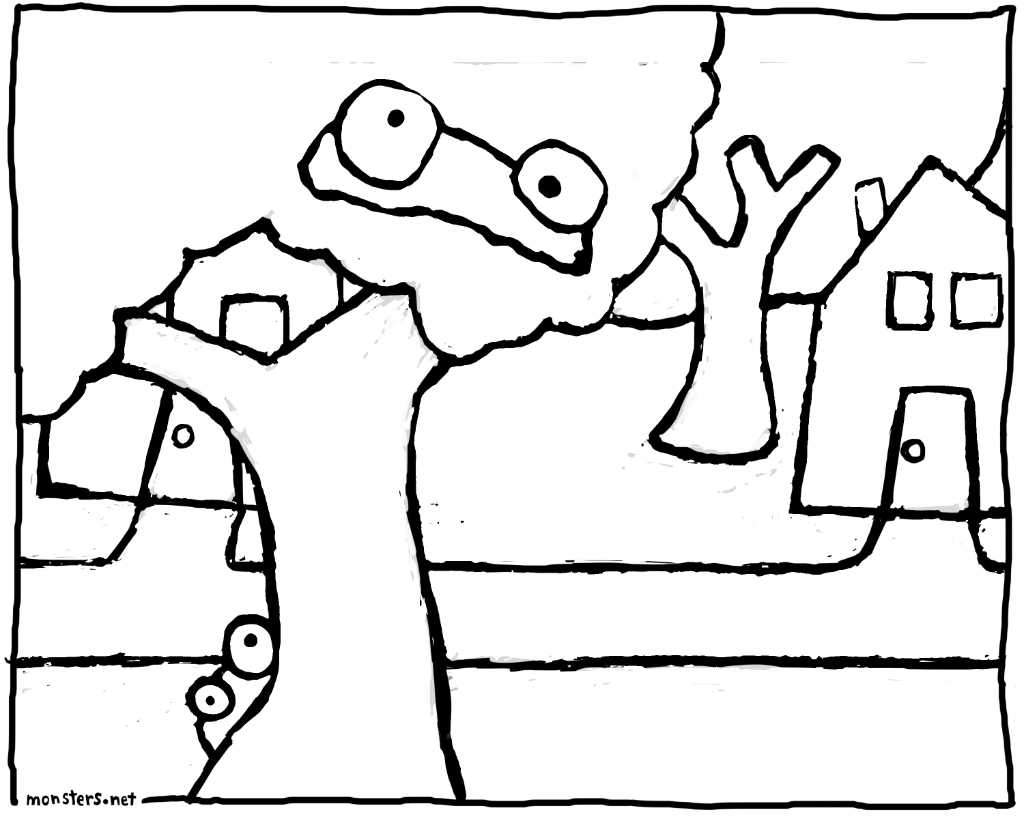 Coloring book drawings photograph. The little one is hiding behind the trunk of the tree.
