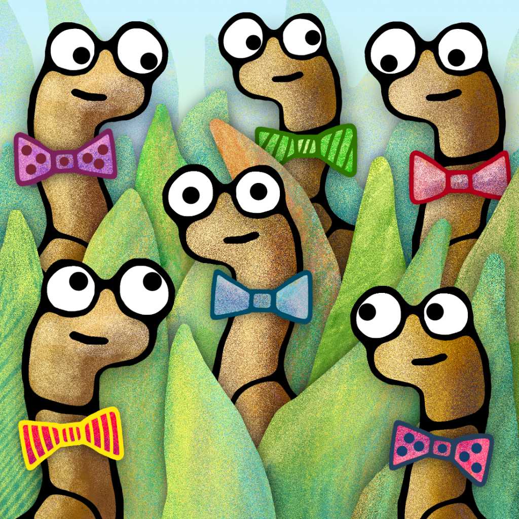 Sherman's Amazing Garden photograph. Wormboo the Worm and five worm friends gathered for Sherman's party! They even wore bow-ties! Hello ladies!