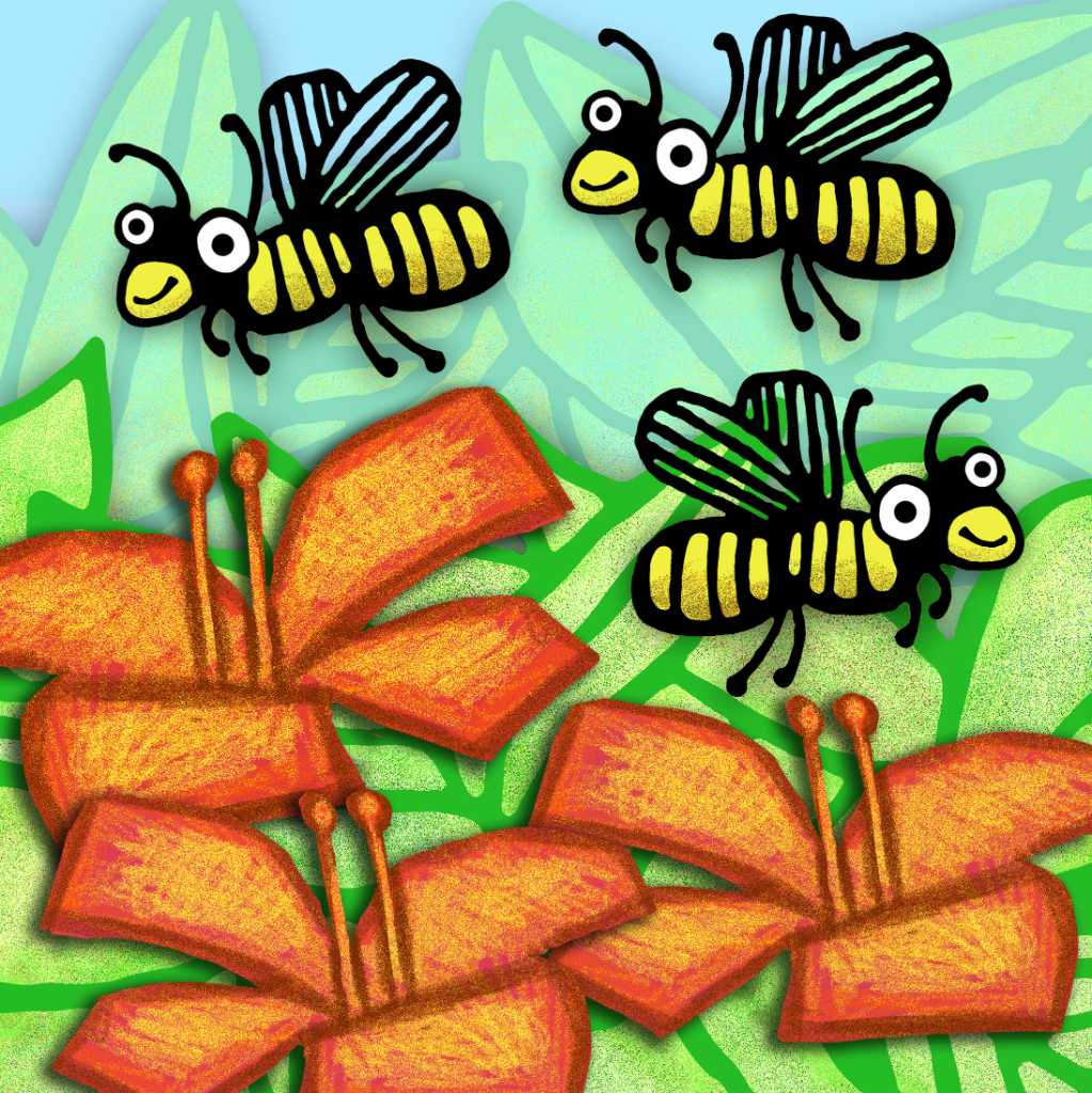 Sherman's Amazing Garden photograph. Three bumblebees were flying over some very pretty flowers!