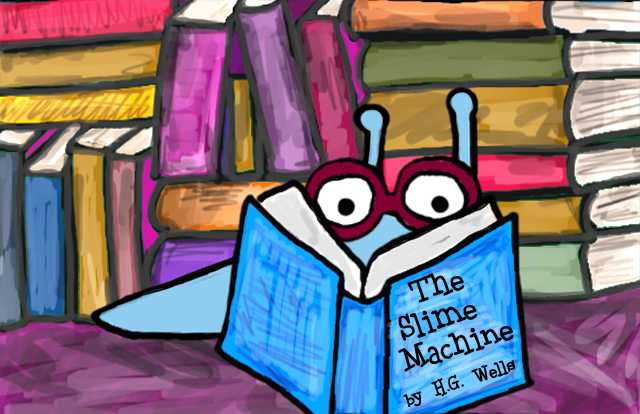 Sluggo the Slug and friends photograph. Sluggo is reading one of his all-time favorite science fiction books, The Slime Machine, by H. G. Wells.