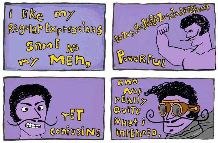 I like my regular expressions same as my men, powerful, yet confusing, and not really quite what I intended.