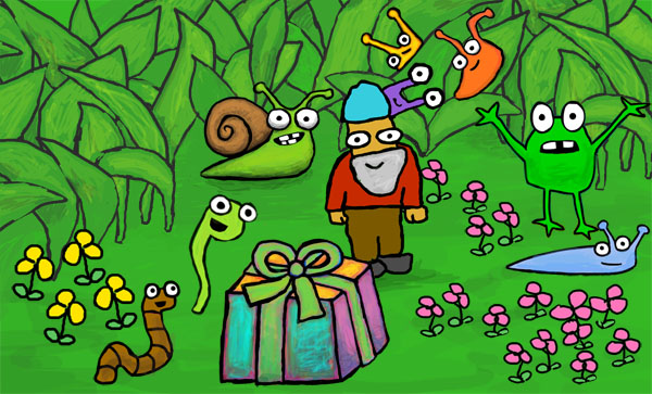 Mr. Seedling attends his first garden party with the other slugs and Mr. Gnome!