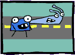 Sluggo and a blue monster walking together on the road.
